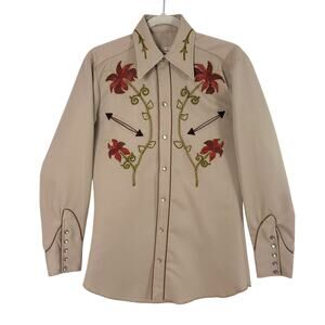 H Bar C Long Tail Pearl‎ Snap Western Shirt 14.5 60s 70s Floral Vtg Rodeo